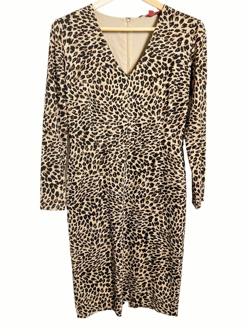 MaxMara Leopard Print Knit Long Sleeve V-Neck Sweater Sheath Dress Size L